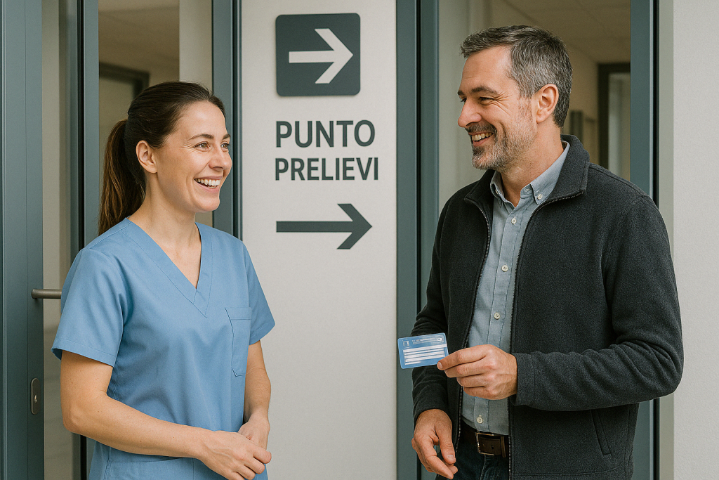Infermiera accoglie paziente al punto prelievi con accesso diretto senza prenotazione