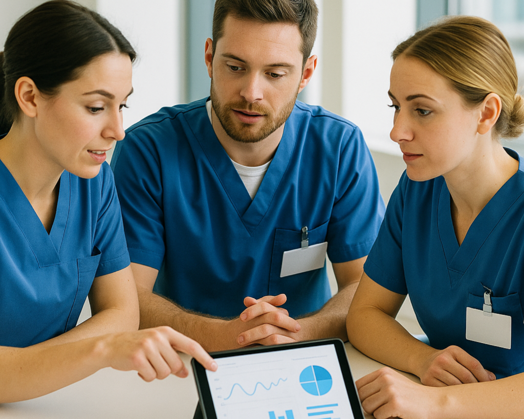 Infermieri europei partecipano a una formazione in team all'interno di un ambiente sanitario moderno